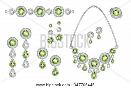 Silver Necklace And Bracelet With Green Gems Illustrations Set