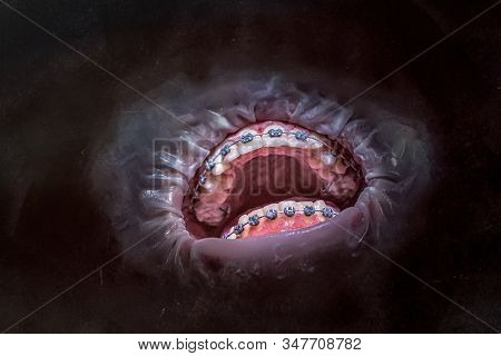 Scary Open Mouth On Abstract Black Background