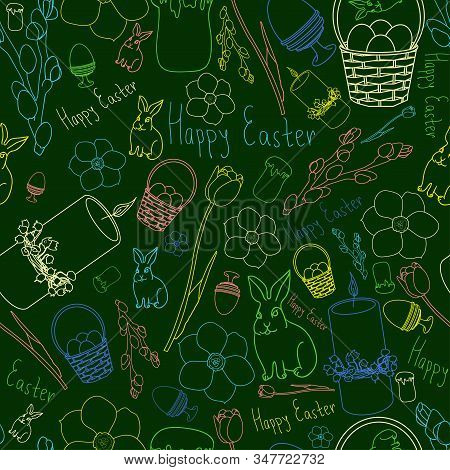 Easter Linear Seamless Pattern With Rabbit, Lilies Of The Valley, Narcissus, Easter Basket, Tulip, E