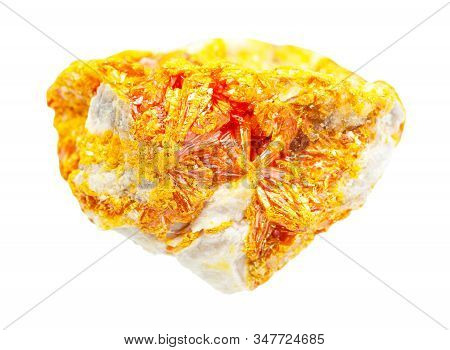 Closeup Of Sample Of Natural Mineral From Geological Collection - Druse Of Orpiment Crystals On Rock