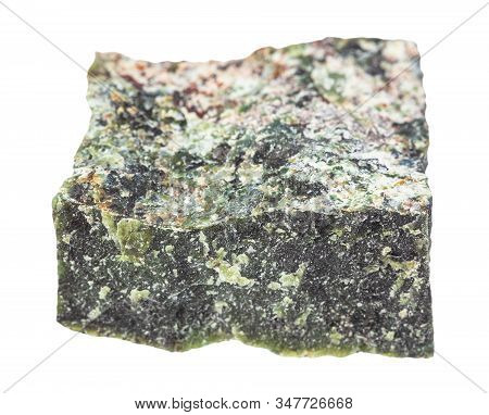 Closeup Of Sample Of Natural Mineral From Geological Collection - Raw Dunite Rock Isolated On White 