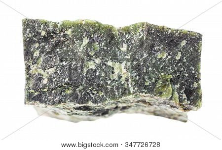Closeup Of Sample Of Natural Mineral From Geological Collection - Rough Dunite Rock Isolated On Whit