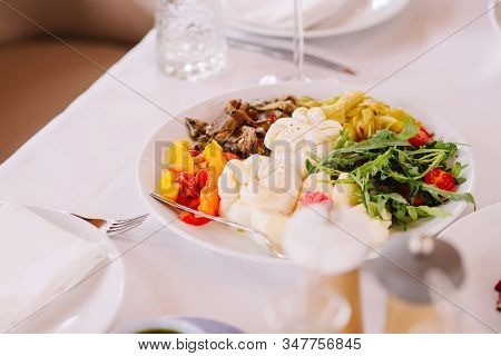 Delicious And Useful Food. Cheese Balls Buratto, Vegetables Grill And Fresh Wares, Greens.