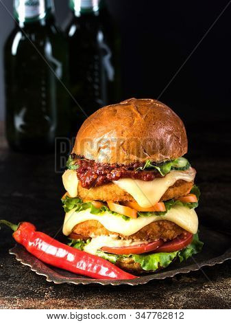 Burger, Beer And Hot Pepper. Copy Space