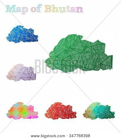 Hand-drawn Map Of Bhutan. Colorful Country Shape. Sketchy Bhutan Maps Collection. Vector Illustratio