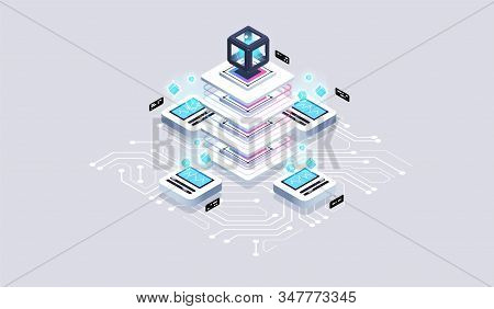 Computation Of Big Data Center, Quantum Computer Isometric Vector Technology. Data Visualization Con