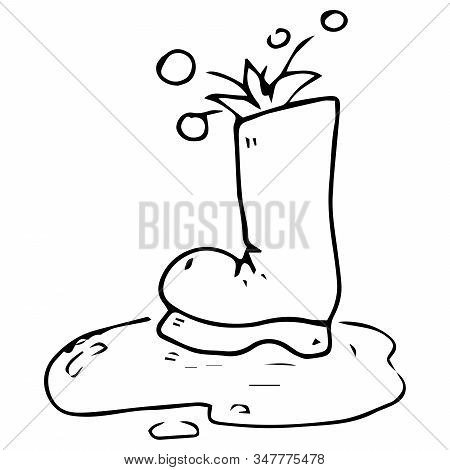 Garden Rubber Boots. Vector Illustration Of Rubber Boots. Hand Drawn Boot In A Pool Of Water, Mud.
