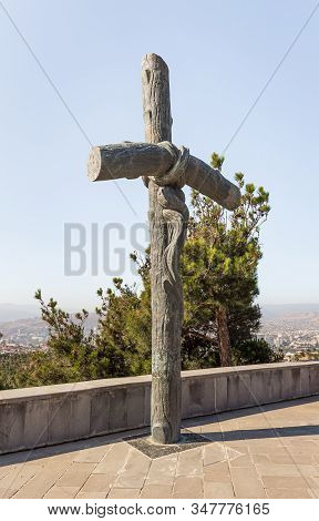 Tbilisi, Georgia, October 14, 2019 : The Big Georgian Cross Stands On The Territory Of The Monument 