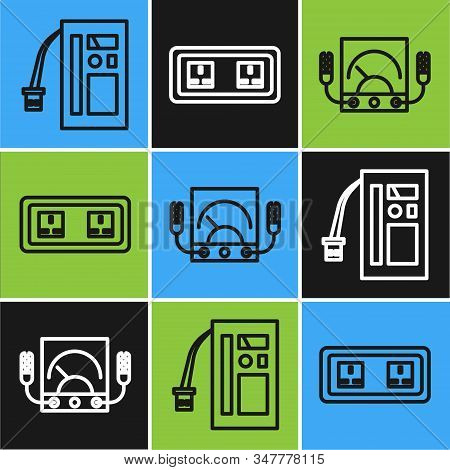 Set Line Battery, Ampere Meter, Multimeter, Voltmeter And Electrical Outlet Icon. Vector