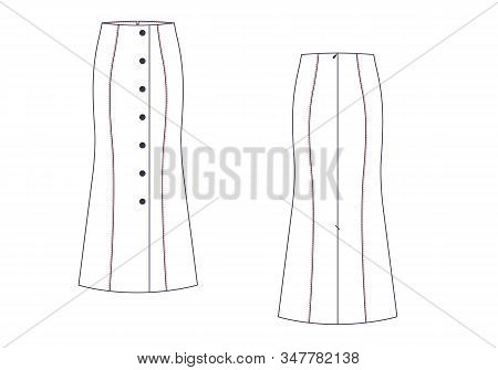 Maxi Skirt Vector Template Isolated On A White Background. Front And Back View. Outline Fashion Tech