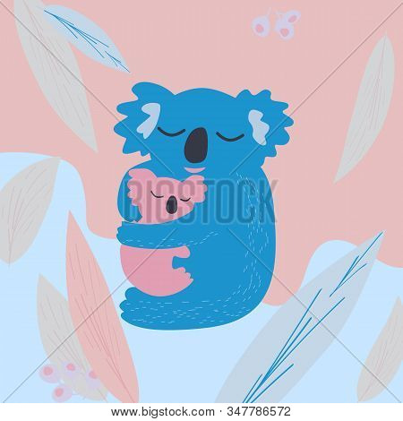 Koala With Child Among The Leaves Of Eucalyptus.