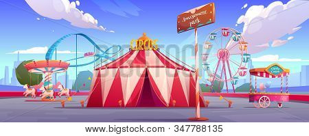 Amusement Carnival Park With Circus Tent, Ferris Wheel, Roller Coaster, Merry-go-round Carousel And 