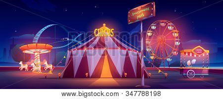 Amusement Park At Night. Carnival Circus Tent, Ferris Wheel, Roller Coaster, Carousel And Candy Cott