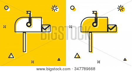 Black Open Mail Box Icon Isolated On Yellow And White Background. Mailbox Icon. Mail Postbox On Pole