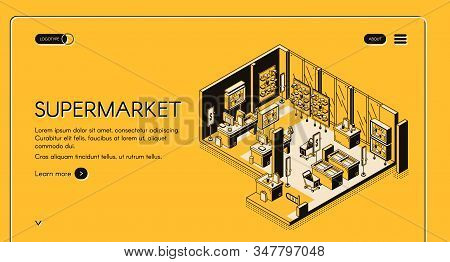 Supermarket Isometric Landing Page. Empty Store Interior With Production On Shelves, Cashier Desk, S