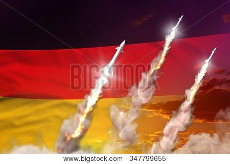 Germany Supersonic Missile Launch - Modern Strategic Nuclear Rocket Weapons Concept On Sunset Backgr