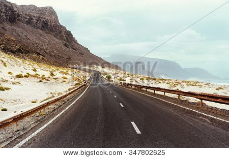 Calhau, Sao Vicente Island Cape Verde. Road Along Breathtaking Volcanic Landscape And Atlantic Ocean