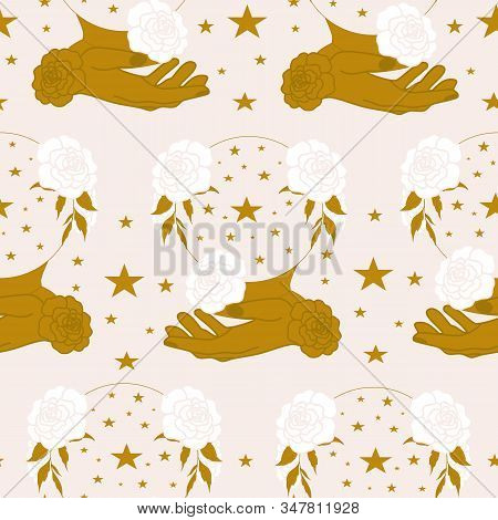 Golden Crystal Gobe, Hands, Celestials And Flowers In A Seamless Pattern Design