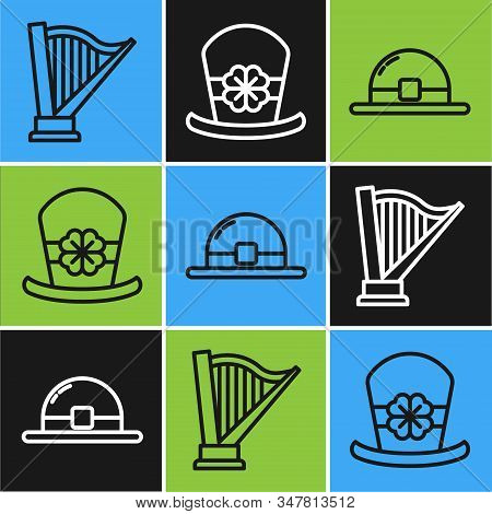 Set Line Harp, Leprechaun Hat And Leprechaun Hat And Four Leaf Clover Icon. Vector