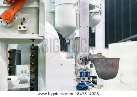 Close Up Ladle For Scoop Molten Metal Such As Aluminum Magnesium And Mechanical Arm With Other Compo