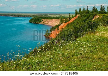 Andoma Cape With Andoma Hill At Onega Lake, Vologda Region, Russia. Natural Background View. Text Co