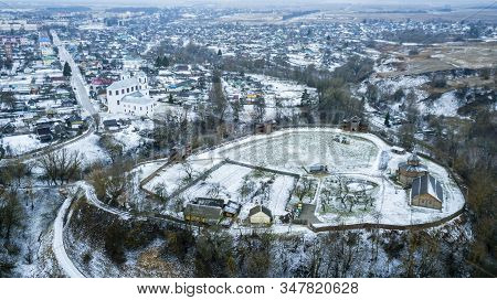Aerial View Of Medieval Castle Mound In Belarusian City Of Mstislavl. Travel Concept.