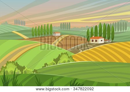 Rural Tuscany Landscape In Summer Sunset With Farm House And Cypress Trees, Hills And Mountains