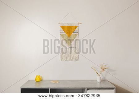 Home Decor, Living Room Design. Handmade Macrame Wallhanging In Modern Sparse Indoor Set