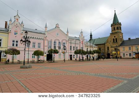 View to main place in town - 11 03 2019: square in Sanok town, Poland, Europe