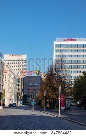Leipzig, Germany - November 10,2019 View Of Modern Hotel Buildings Of Different Categories
And Shopp