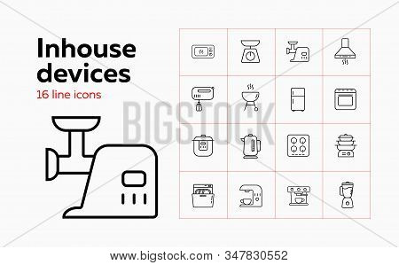 Inhouse Devices Line Icon Set. Set Of Line Icons On White Background. Soundbar, Conditioner, Fridge.