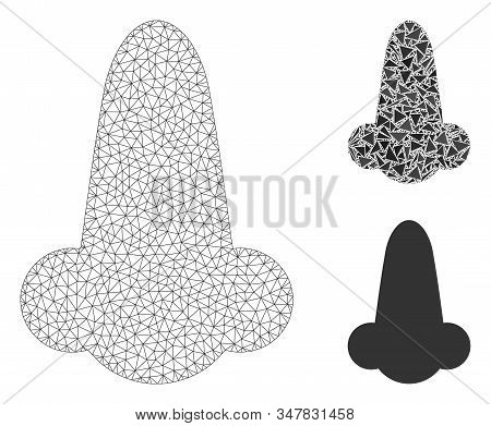 Mesh Human Nose Model With Triangle Mosaic Icon. Wire Frame Polygonal Mesh Of Human Nose. Vector Mos
