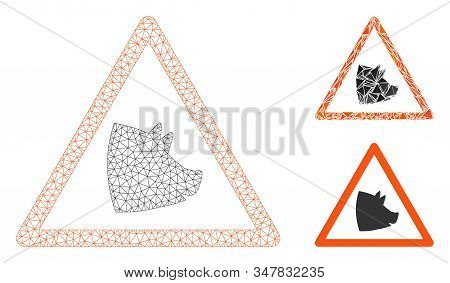Mesh Pork Warning Model With Triangle Mosaic Icon. Wire Carcass Polygonal Mesh Of Pork Warning. Vect
