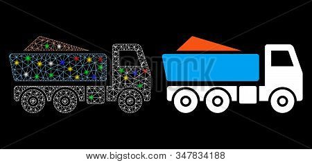 Flare Mesh Tipper Icon With Sparkle Effect. Abstract Illuminated Model Of Tipper. Shiny Wire Frame P