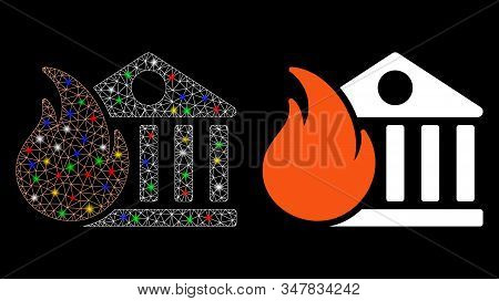 Glowing Mesh Bank Fire Conflagration Icon With Glow Effect. Abstract Illuminated Model Of Bank Fire 