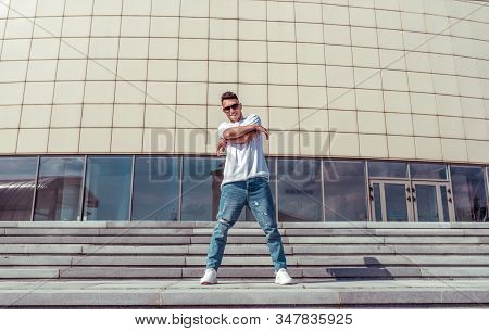 Happy Man Smiles, Young Guy Dancer, In Summer In City, Dancing Street Dance, Modern Youth Style. Fas