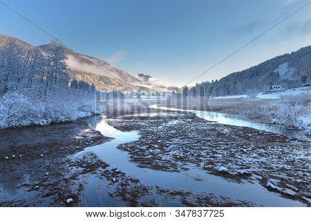 Zelenci Springs Nature Reserve Near Kranjska Gora, Slovenia In Winter. Sunny Morning With Fresh Snow