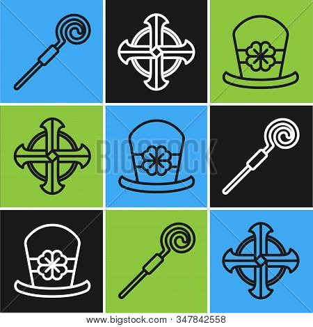 Set Line Walking Stick, Leprechaun Hat And Four Leaf Clover And Celtic Cross Icon. Vector