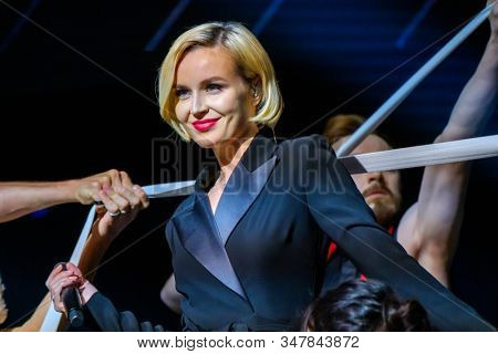 Moscow, Russia - April 23, 2018: Famous Russian singer Polina Gagarina sings in front of participants in the business forum