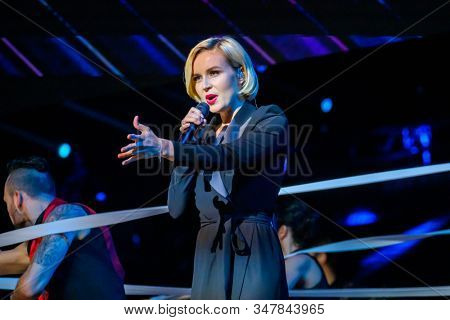 Moscow, Russia - April 23, 2018: Famous Russian singer Polina Gagarina sings in front of participants in the business forum
