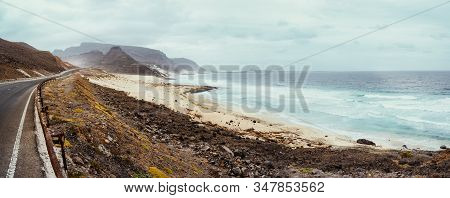 Calhau Coast, Sao Vicente Island Cape Verde. Road Along Breathtaking Volcanic Landscape And Atlantic