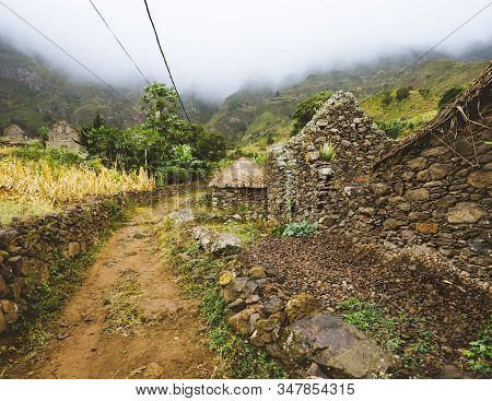 Santo Antao Cape Cabo Verde. Local Village On Hiking Trail Via Harsh Rugged Mountains Of Ribeira De 
