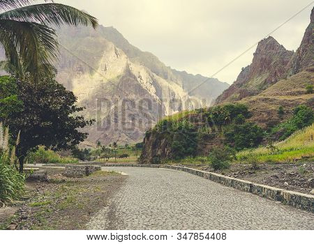 Rural Landscape With Road Surrounded By Arid Mountains In The Coculi Valley On The Island Of Santo A