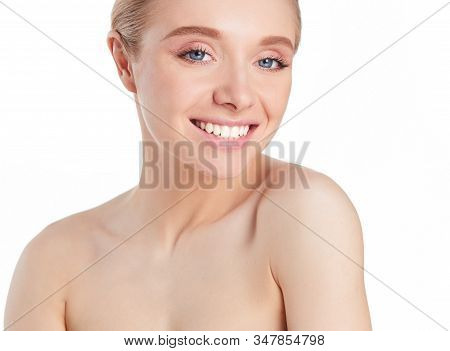 Portrait Of Beautiful Woman With Natural Make Up On White Background