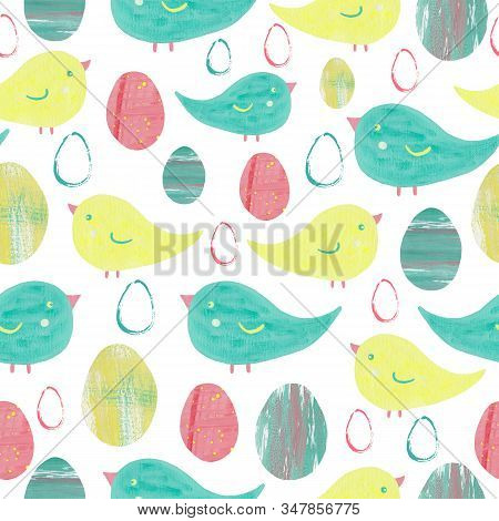 Cute Easter Seamless Pattern. In Mixed Media Collage On Paper. Birds And Eggs Green, Yellow, Red Ele