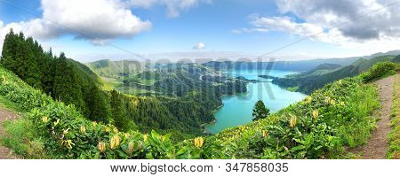 Panorama Of The Volcanic Caldera At Sete Cidades On São Miguel In The Azores. The Azul And Verde Lak