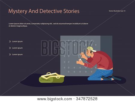Landing Web Page Template With Robber Tries To Crack A Safe Using A Phonendoscope, Next To An Open B