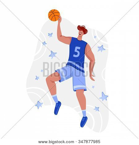 Basketball Player With Ball On Playground, Young Muscular Man In Uniform Playing Match, Guy Jumping 