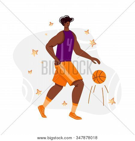 Basketball Player With Ball On Playground, African American Man Playing Match, Guy Running And Holds