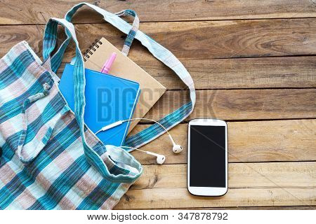 Notbook Monthly Planner In Cloth Bag With Mobile Phone For Business Work Of Lifestyle At Office Arra